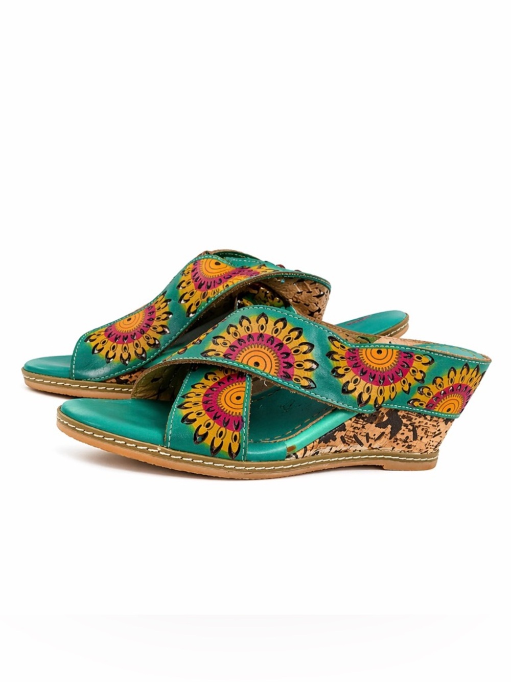 Spring Step L’Artiste Wedge Sandals Teal Floral Mandala Cork Heel Size 41-10 EUC